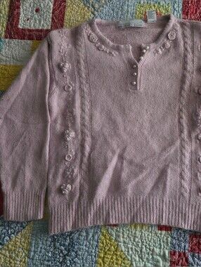 Pink Floral Cable-Knit Pullover Sweater